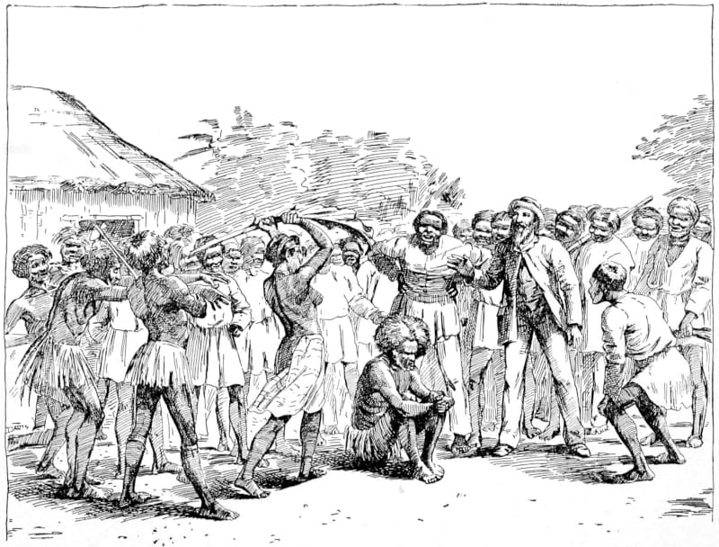 A woman about to hit another person while others observe.
