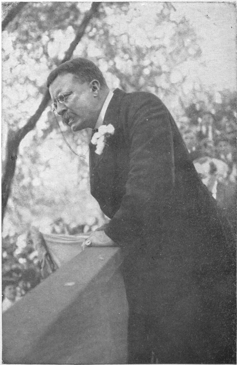 Theodore Roosevelt, standing looking over garden rail