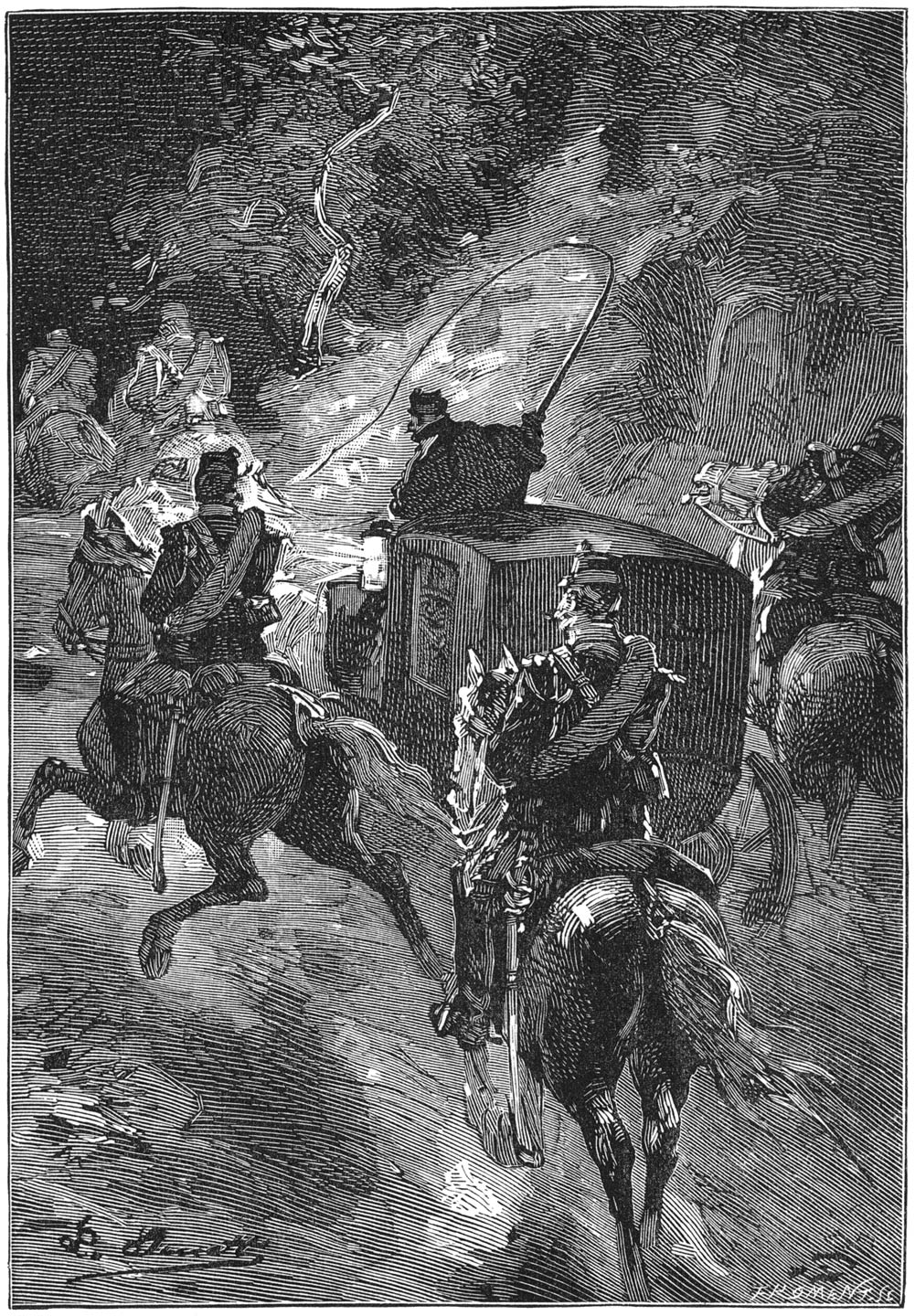 Eene bedekking van twaalf maréchaussées te paard reed voor, achter en bij de portieren van het rijtuig. (Bladz. 74.)