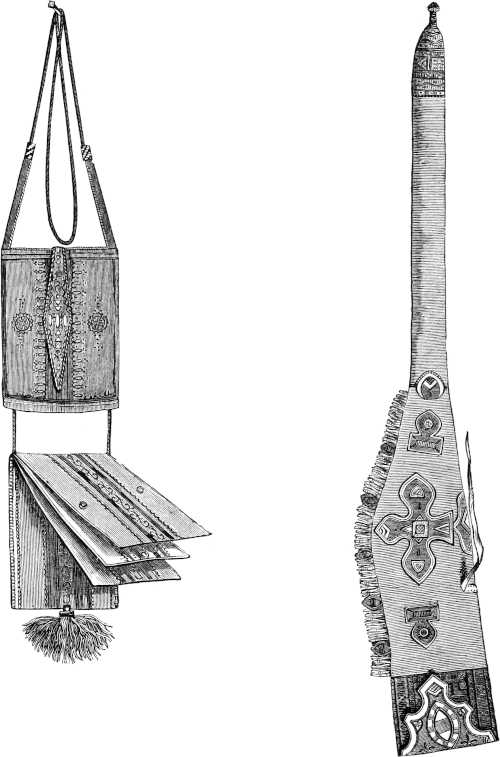 A “bét” or Énnefi, a small Leather Pouch, with three Pockets and Cover, for Tobacco and Tinder; a covering for gun