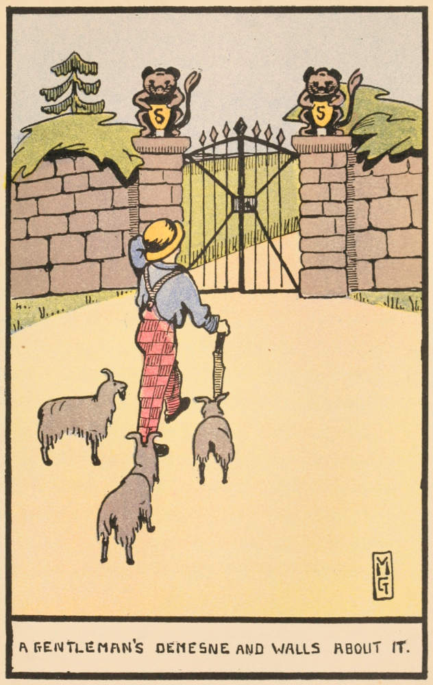 A person approaches a fancy gate, followed by three goats.