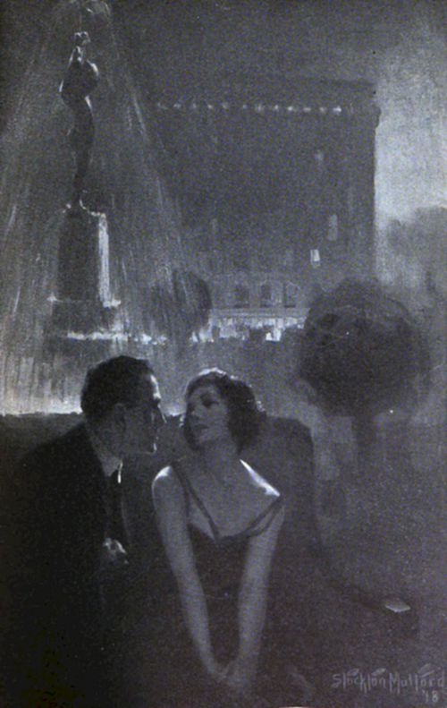 A
couple sits close under a glowing night fountain, lost in intimate
conversation, surrounded by soft light and city shadows.