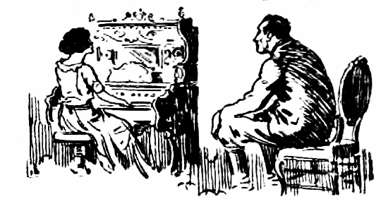 girl playing piano; man listening