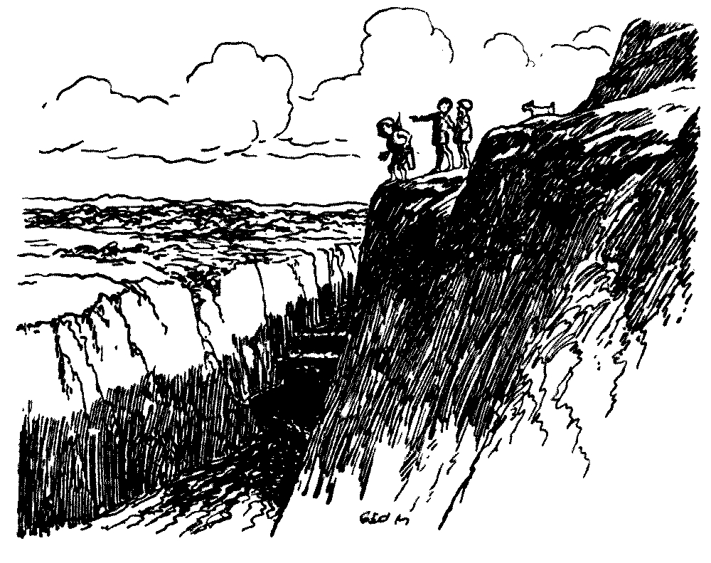 A drawing of two children and a snerg looking down on a
valley.