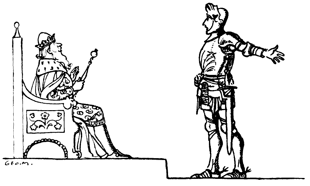 A drawing of a guard explaining something to a king.