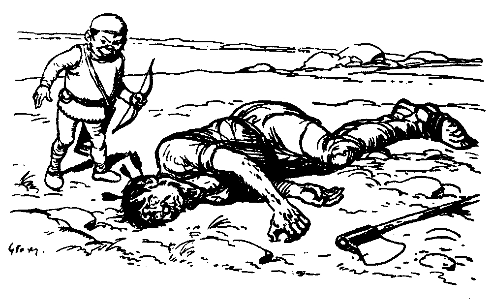 A drawing of a snerg with a bow looking at a downed man
with arrows on his head.