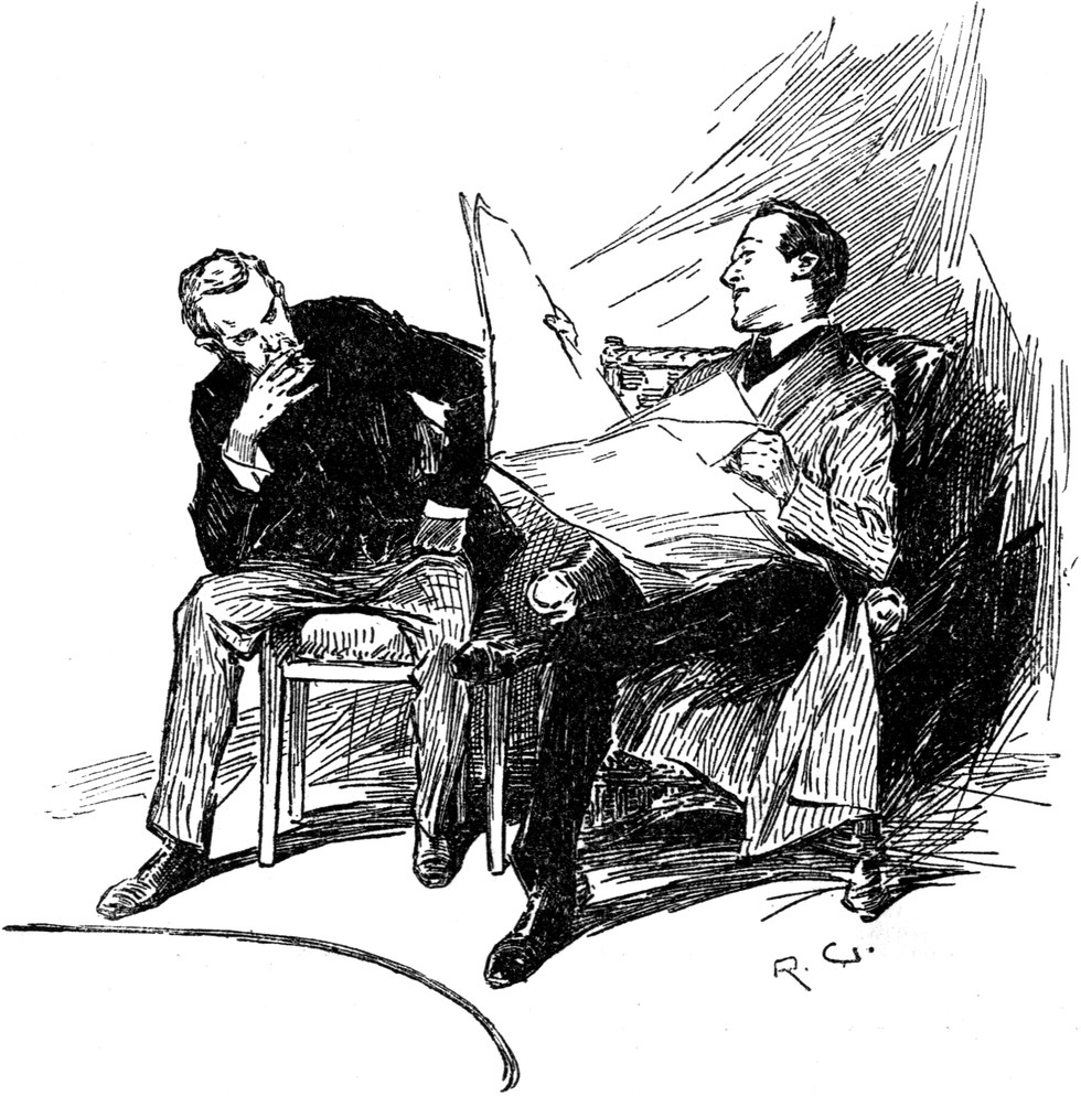 Holmes und Watson
  unterhalten sich im Wohnzimmer