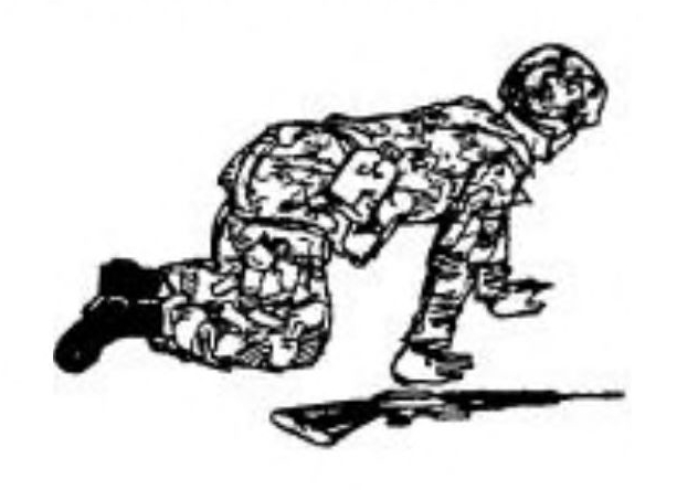 Sketch of a soldier in camouflage creeping on hands and knees with a rifle near his right hand.