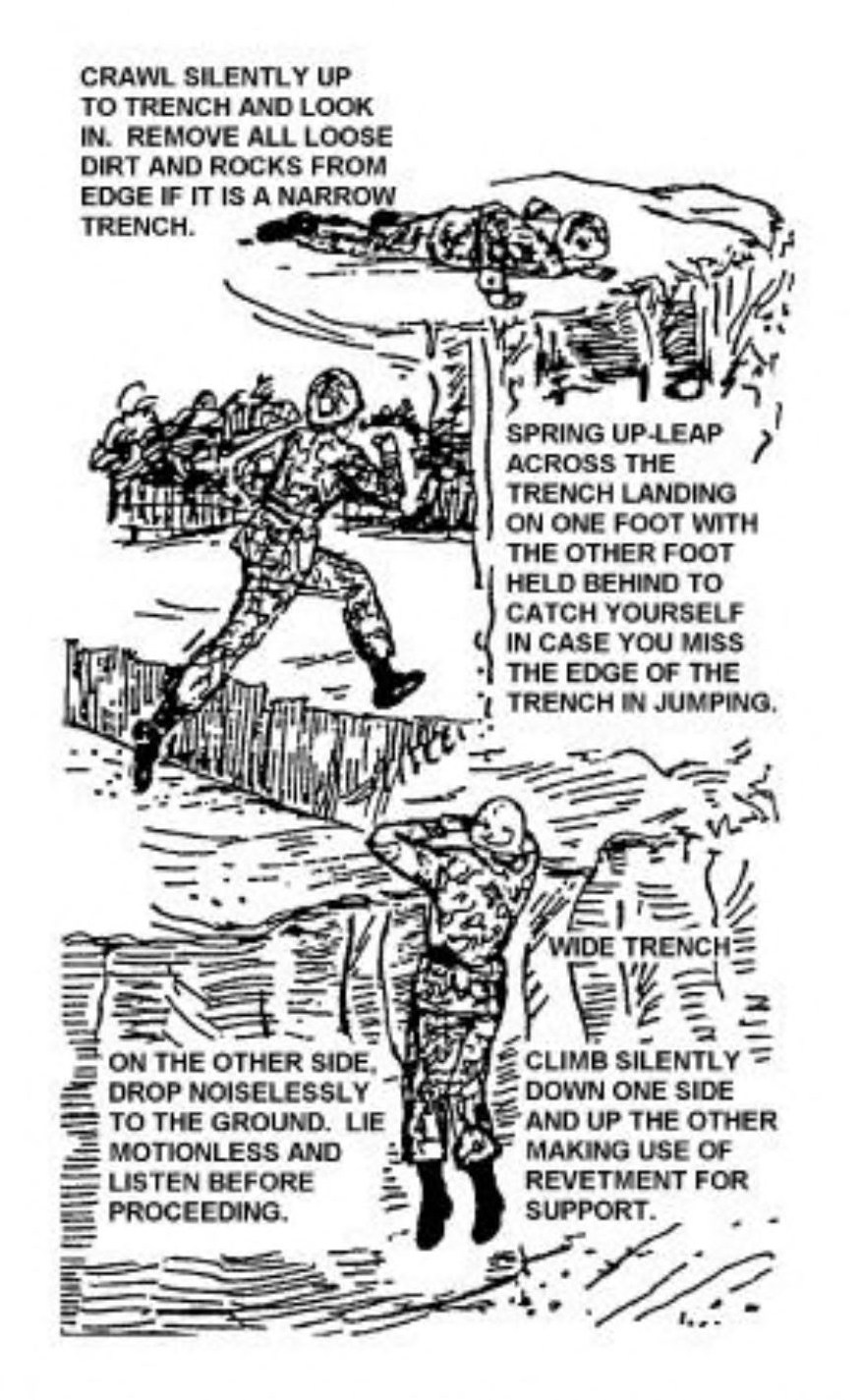 Three actions sketched in one image. In the top section, a scout crawls silently up to a trench and looks in. If it is a narrow trench, he removes all loose dirt and rocks from the edge. In the middle section, the scout springs up and leaps across the trench, landing on one foot with the other behind to catch himself in case he misses the edge of the trench. Across the trench, the scout drops noiselessly to the ground and lies motionless before proceeding. In the bottom portion, for a wide trench, the scout climbs silently down one side and up the other making use of revetment for support.