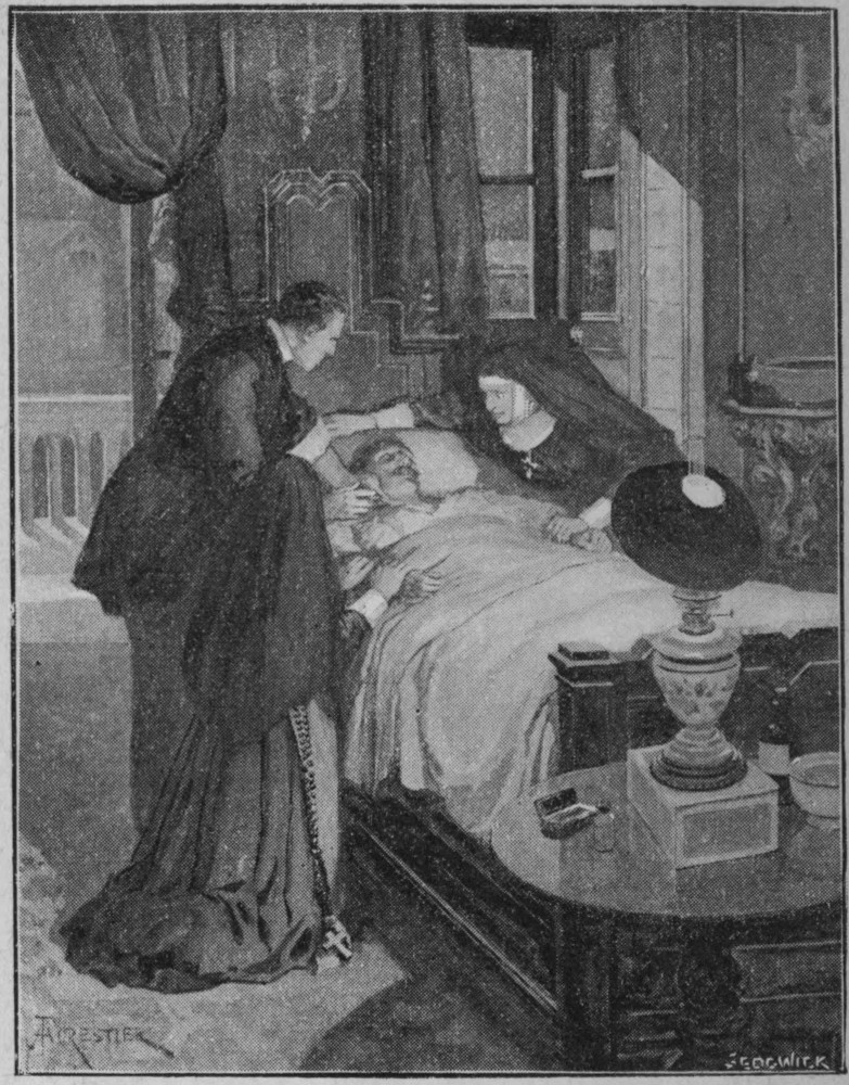 Two nuns and a man surround a bed with an ill man